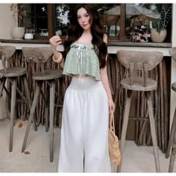 Set áo 2 dây crop viền ren in bi kèm quần lưng thun ống rộng 2