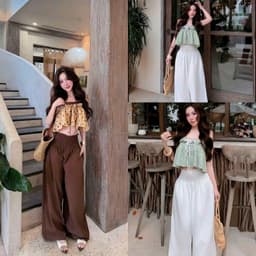Set áo 2 dây crop viền ren in bi kèm quần lưng thun ống rộng 1
