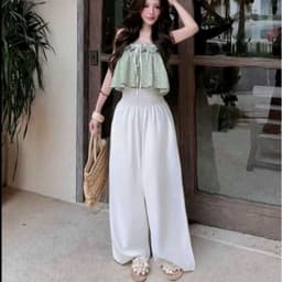 Set áo 2 dây crop viền ren in bi kèm quần lưng thun ống rộng 3