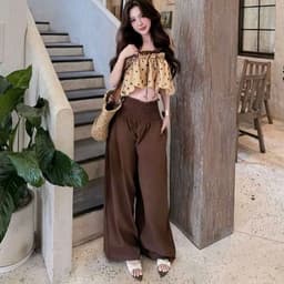 Set áo 2 dây crop viền ren in bi kèm quần lưng thun ống rộng 5