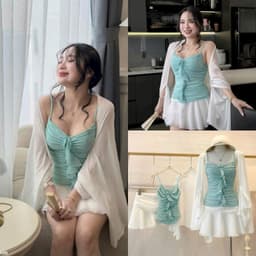 Set 3 món áo dây nhúng bèo ngực mix khoác choàng và chân váy có lót 1