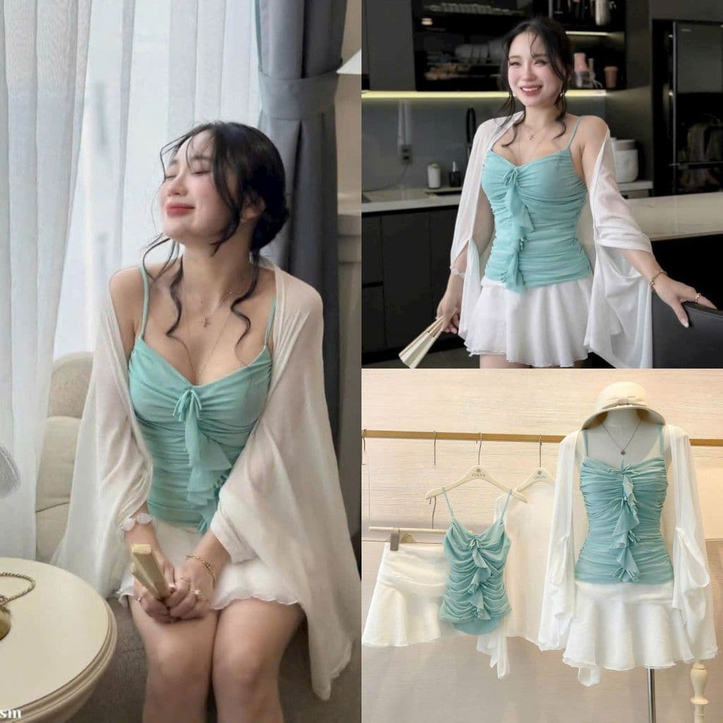 Set 3 món áo dây nhúng bèo ngực mix khoác choàng và chân váy có lót