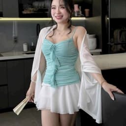 Set 3 món áo dây nhúng bèo ngực mix khoác choàng và chân váy có lót 2