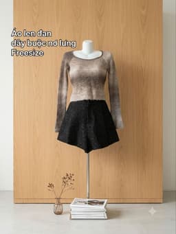 [2hand] Áo len đan bông xù nâu loang dáng croptop hở lưng có dây nơ freesize 2