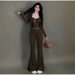 Set áo dây nhúng phối khoác tay dài và quần loe chất bozzip đẹp 4