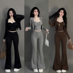Set áo dây nhúng phối khoác tay dài và quần loe chất bozzip đẹp 1