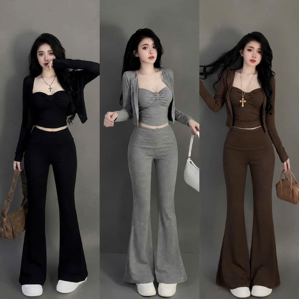 Set áo dây nhúng phối khoác tay dài và quần loe chất bozzip đẹp