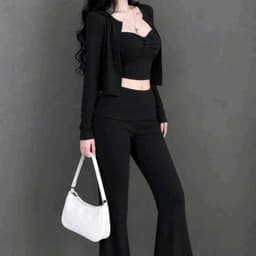 Set áo dây nhúng phối khoác tay dài và quần loe chất bozzip đẹp 3