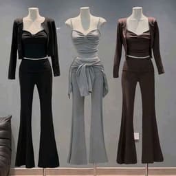 Set áo dây nhúng phối khoác tay dài và quần loe chất bozzip đẹp 5