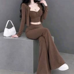 Set áo dây nhúng phối khoác tay dài và quần loe chất bozzip đẹp 7