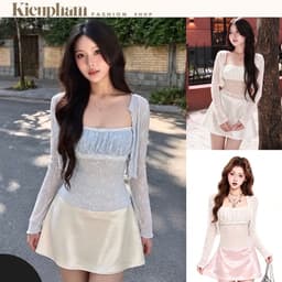 Set Áo Hai Dây “Ren Hoa” Xuyên Thấu Kèm Khoác Cardigan Phối Chân Váy Lụa Ngắn 1