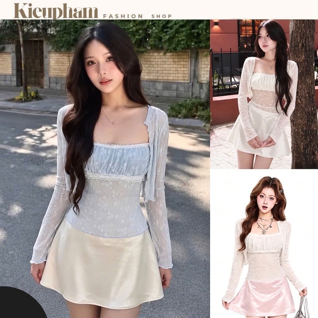 Set Áo Hai Dây “Ren Hoa” Xuyên Thấu Kèm Khoác Cardigan Phối Chân Váy Lụa Ngắn