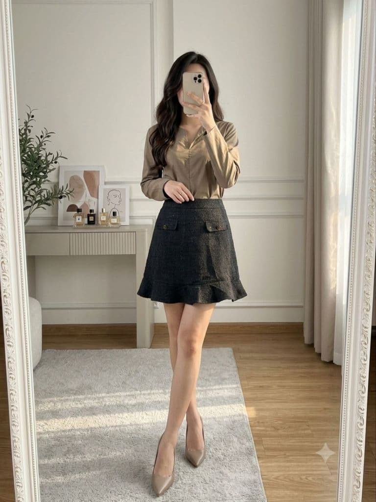 [2hand] Áo sơ mi tay dài xanh olive thun kéo khoá sau lưng freesize <58kg