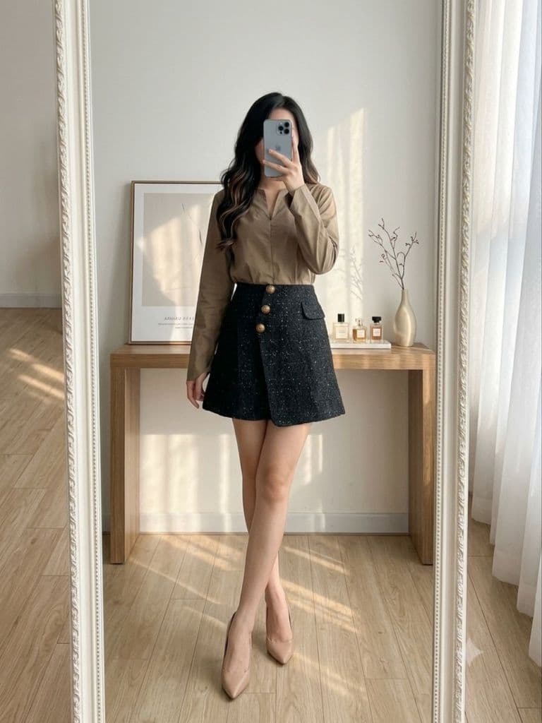 [2hand] Chân váy dạ tweet đen chỉ kim tuyến caro cúc đồng size L