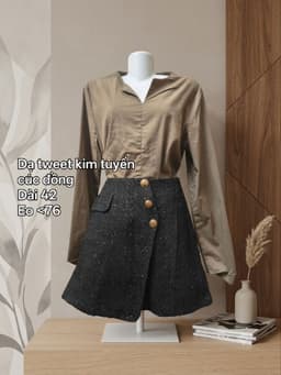 [2hand] Chân váy dạ tweet đen chỉ kim tuyến caro cúc đồng size L 2