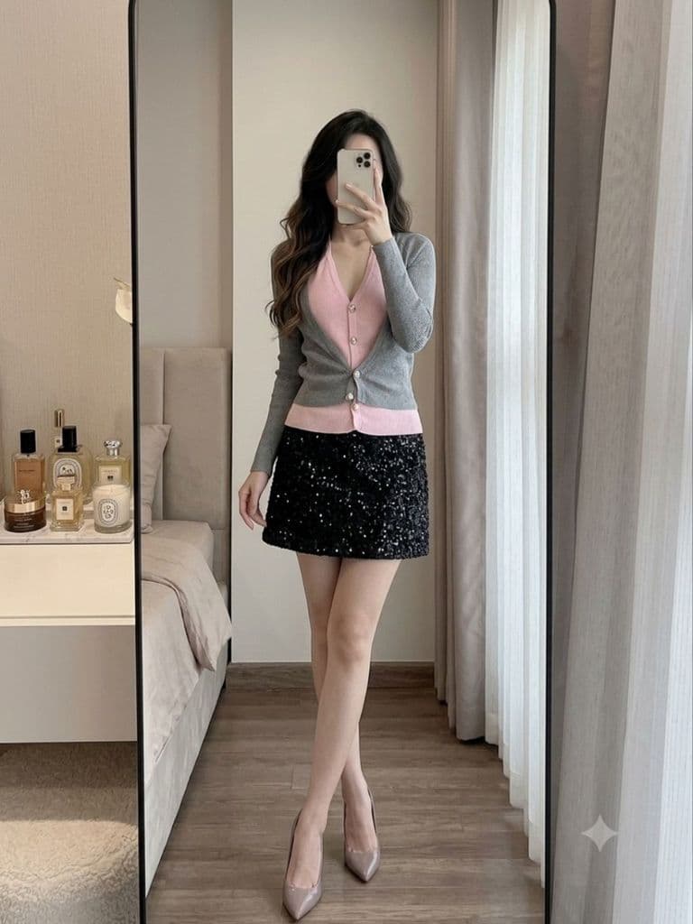 [2hand] Áo len mongtoghi dáng yếm phối khoác cardigan xám hồng co giãn freesize <58kg cúc đồng