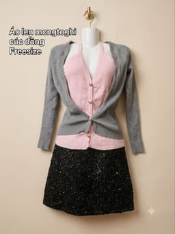 [2hand] Áo len mongtoghi dáng yếm phối khoác cardigan xám hồng co giãn freesize <58kg cúc đồng 2