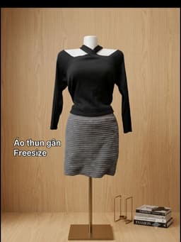 [2hand] Áo thun gân đen cổ yếm tay dài rớt vai freesize <60kg 2