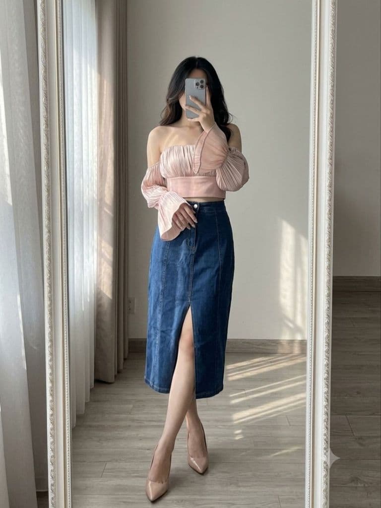 [2hand] Chân váy jean dài xanh bò đậm xẻ tà lệch size XS S