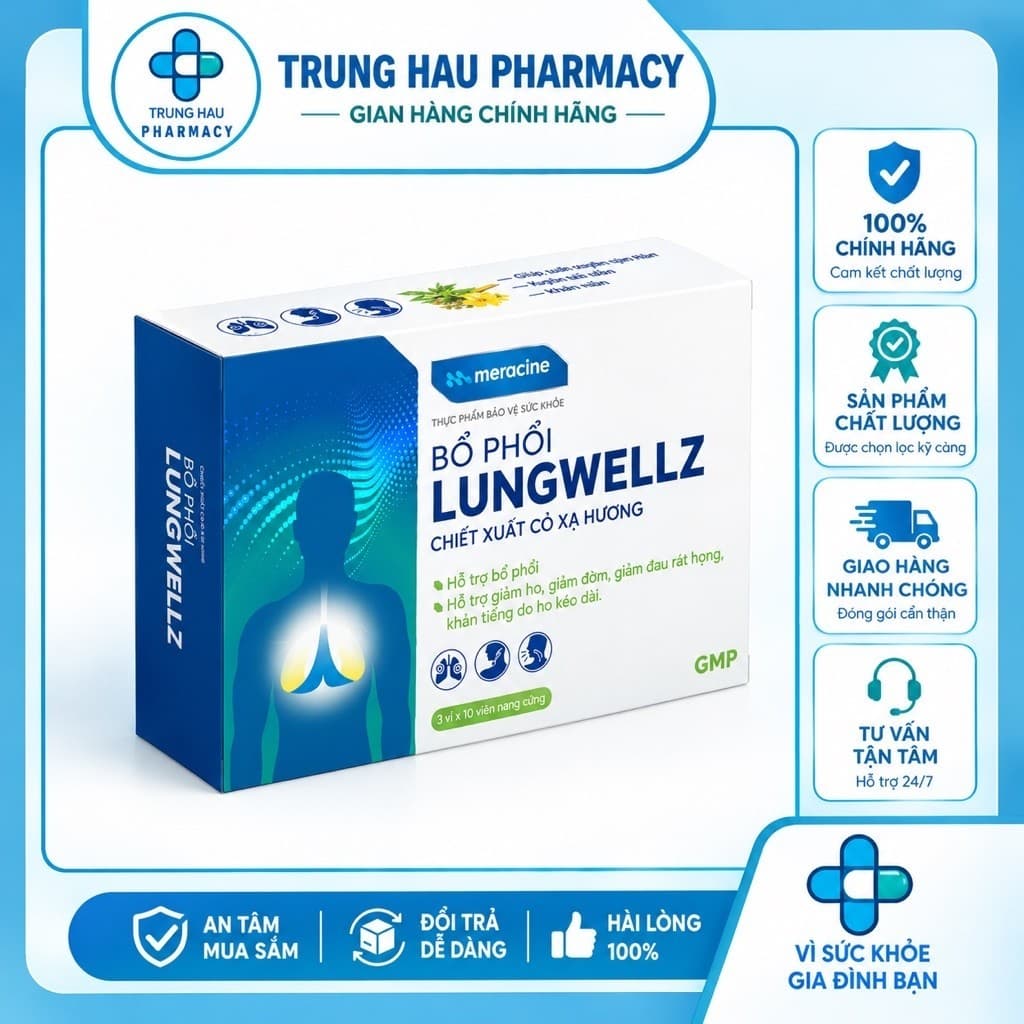 Viên uống Bổ Phổi Lungwellz Meracine - Hỗ Trợ Bổ Phổi, Giảm Ho, Giảm Đau Rát Họng,Khản Tiếng - Hộp 30 Viên