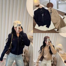 𝟏𝟒𝐚𝐦.𝐬𝐭𝐮𝐝𝐢𝐨 | Áo Khoác Len Nữ Khoá Kéo Cổ Dựng Dệt Kim Vặn Thừng Thêu Logo Polo Phong Cách Hàn Quốc Thu Đông Thanh Lịch 2