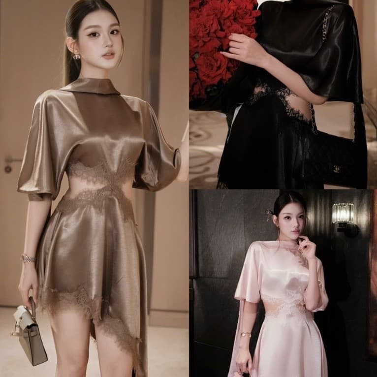 (Dmina)  Đầm Body lụa phối ren viền cutout khoét eo ren tà chéo sang chảnh quyến rũ