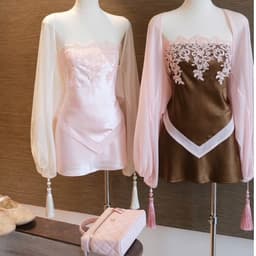 (Dmina) Set tiểu thư lụa thêu ba chi tiết áo cúp quây ren và chân váy A tôn dáng kèm áo khoác ngoài 1