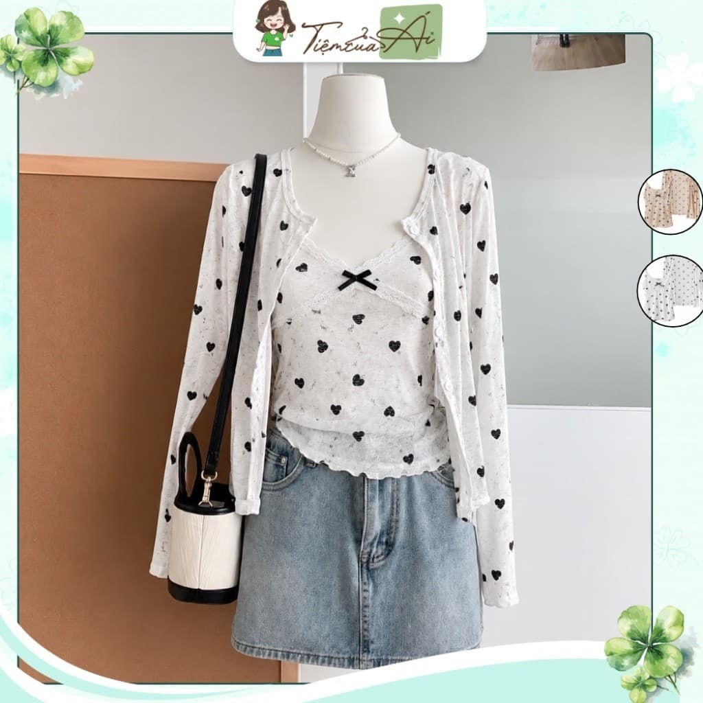 Set 2 món áo 2s cổ tim viền ren và áo khoác cardigan dài tay in trái tim chất thun giấy