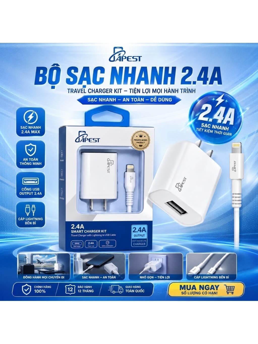 Bộ Sạc Nhanh 2.4A APEST Kèm Cáp Sạc Cho IP - Adroi Tiện Lợi Bảo Hành 12 Tháng