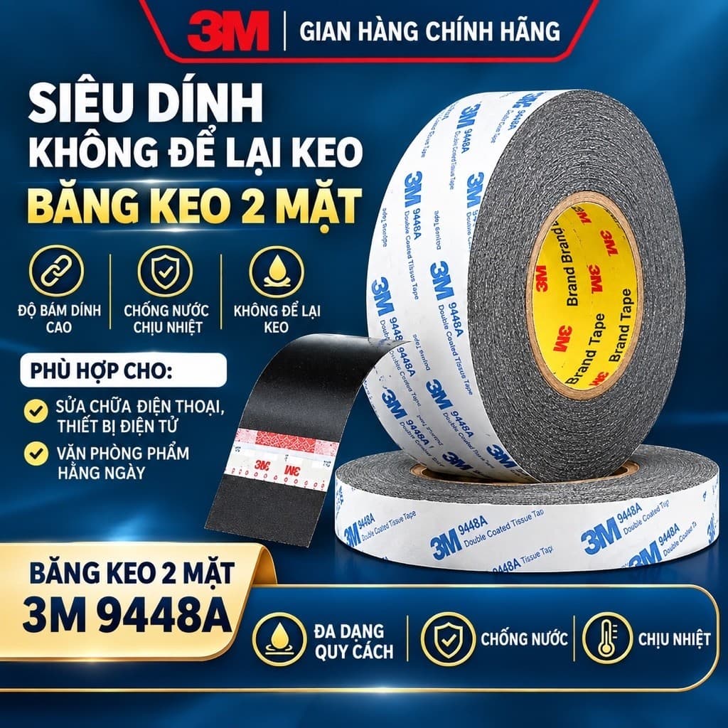 Băng keo 3M Hai Mặt 9448 KEO MÀU ĐEN dài 50m Có Tem Chính Hãng