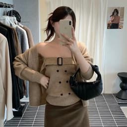 (CHICSEOUL) Set áo quây và áo khoác len phối belt ngực xinh xắn phong cách Nertro HQ (ảnh thật là 2 ảnh cuối) 7