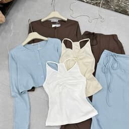 Set 3 món áo yếm nhúng ngực phối khoác và chân váy thun ôm suông dài 6