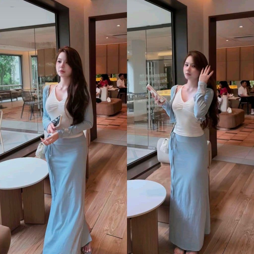 Set 3 món áo yếm nhúng ngực phối khoác và chân váy thun ôm suông dài
