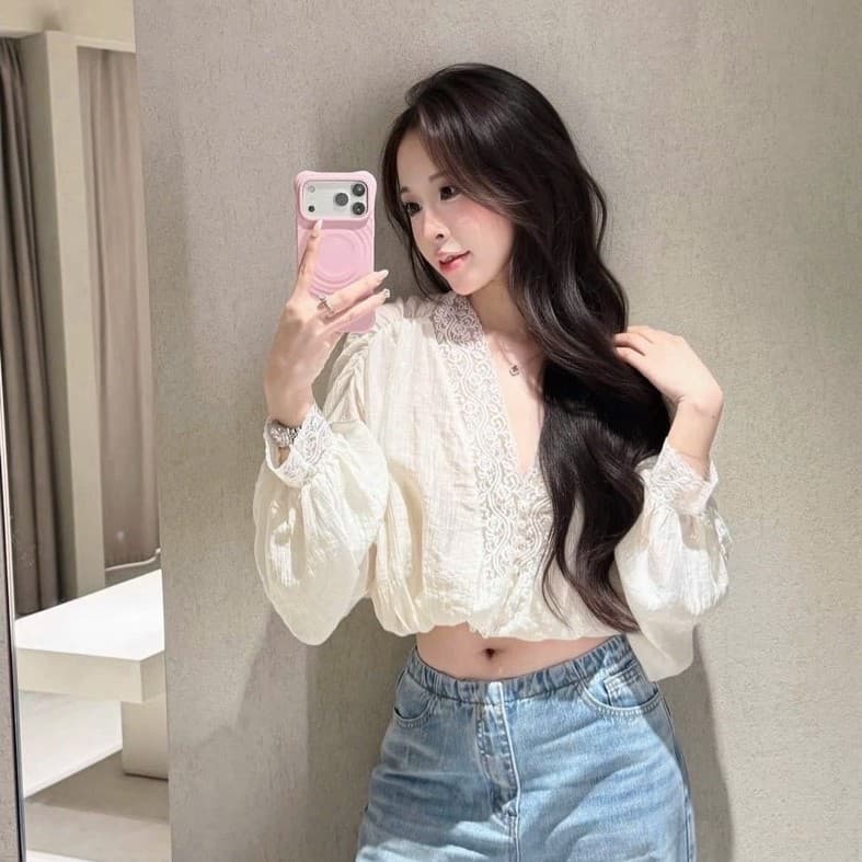 Áo Sơ Mi Thô Đũi Pha Ren Hoa Khuy Ngọc HH • HÀNG ĐẸP SẴN SHIP