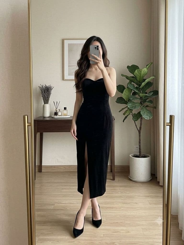 [2hand] Đầm cúp ngực nhung đen xẻ tà có lót chống tụt có mút ngực size M