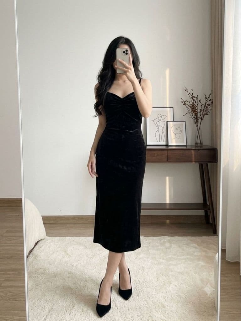 [2hand] Đầm nhung 2 dây đen nhún ngực co giãn bầu bí bigsize XL 2XL bon chen được
