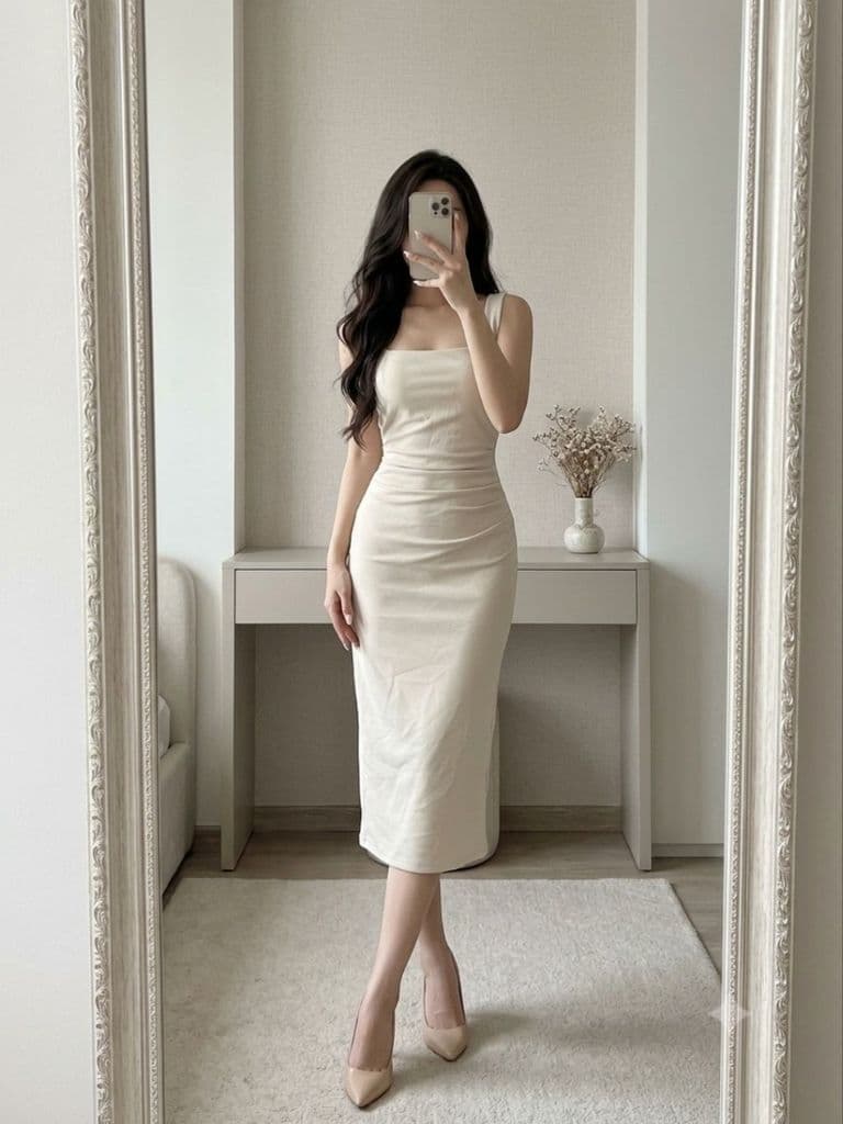 [2hand] Đầm dạ thun 2 dây be nhún eo lệch co giãn size XL