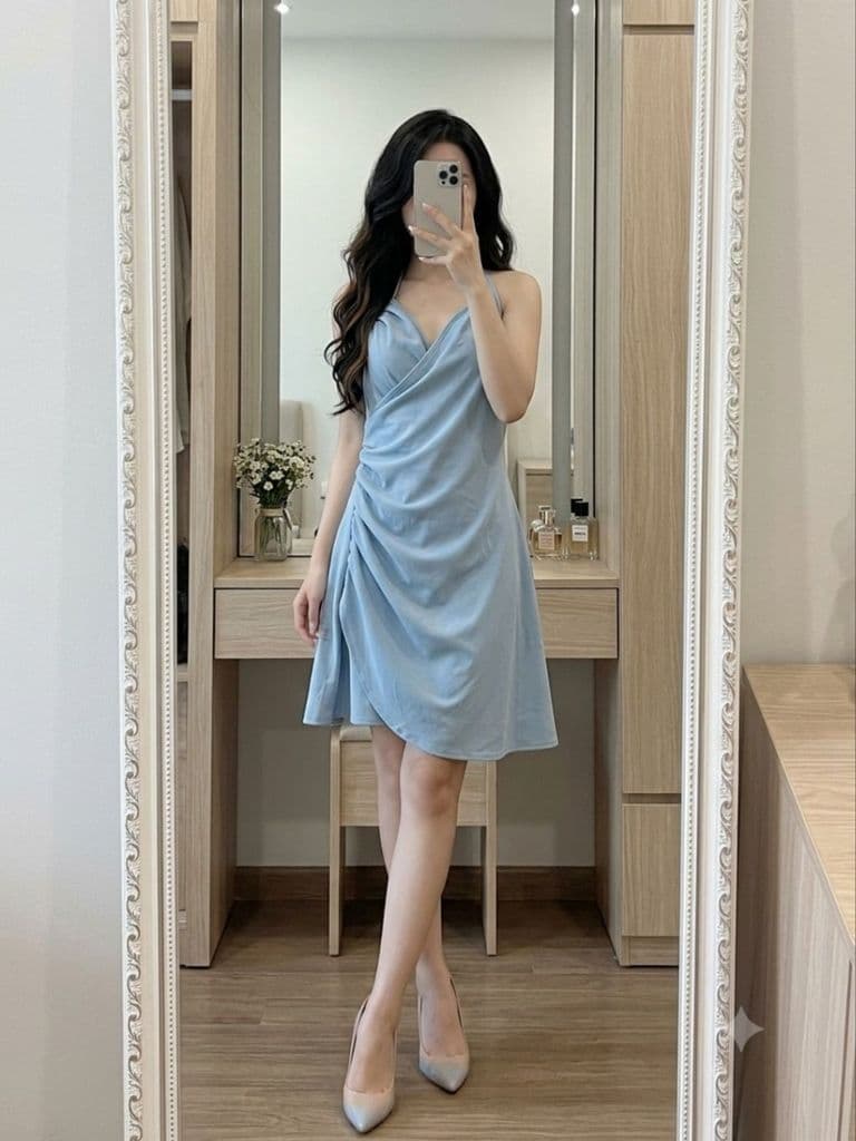 [2hand] Đầm yếm dạ xanh pastel nhún eo lệch co giãn size S M