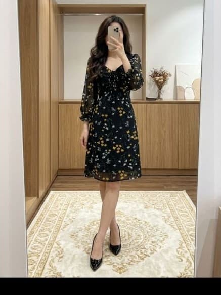 [2hand] Đầm voan hoa dài tay buộc nơ ngực 2 lớp size S M
