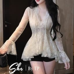 Áo ren nữ tay dài cổ V dáng xòe màu kem phong cách gợi cảm 3