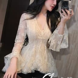Áo ren nữ tay dài cổ V dáng xòe màu kem phong cách gợi cảm 8