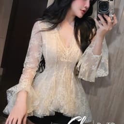 Áo ren nữ tay dài cổ V dáng xòe màu kem phong cách gợi cảm 2