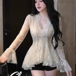 Áo ren nữ tay dài cổ V dáng xòe màu kem phong cách gợi cảm 1