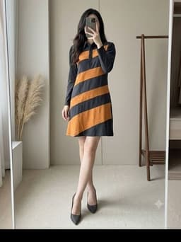 [2hand] Đầm thun cổ polo dài tay đen sọc cam freesize 1