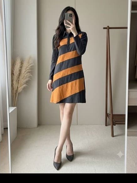 [2hand] Đầm thun cổ polo dài tay đen sọc cam freesize