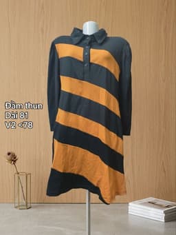 [2hand] Đầm thun cổ polo dài tay đen sọc cam freesize 2