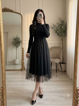 [2hand] Đầm len gân đen cổ lọ chân voan lưới len ép freesize 1