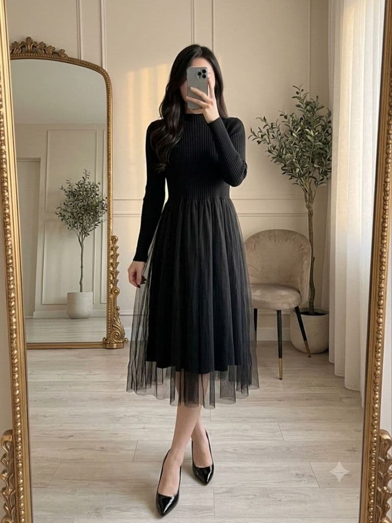 [2hand] Đầm len gân đen cổ lọ chân voan lưới len ép freesize