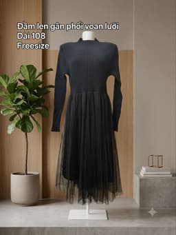 [2hand] Đầm len gân đen cổ lọ chân voan lưới len ép freesize 2