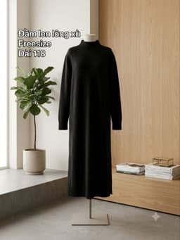 [2hand] Đầm len lông xù đen cúc sườn freesize 2